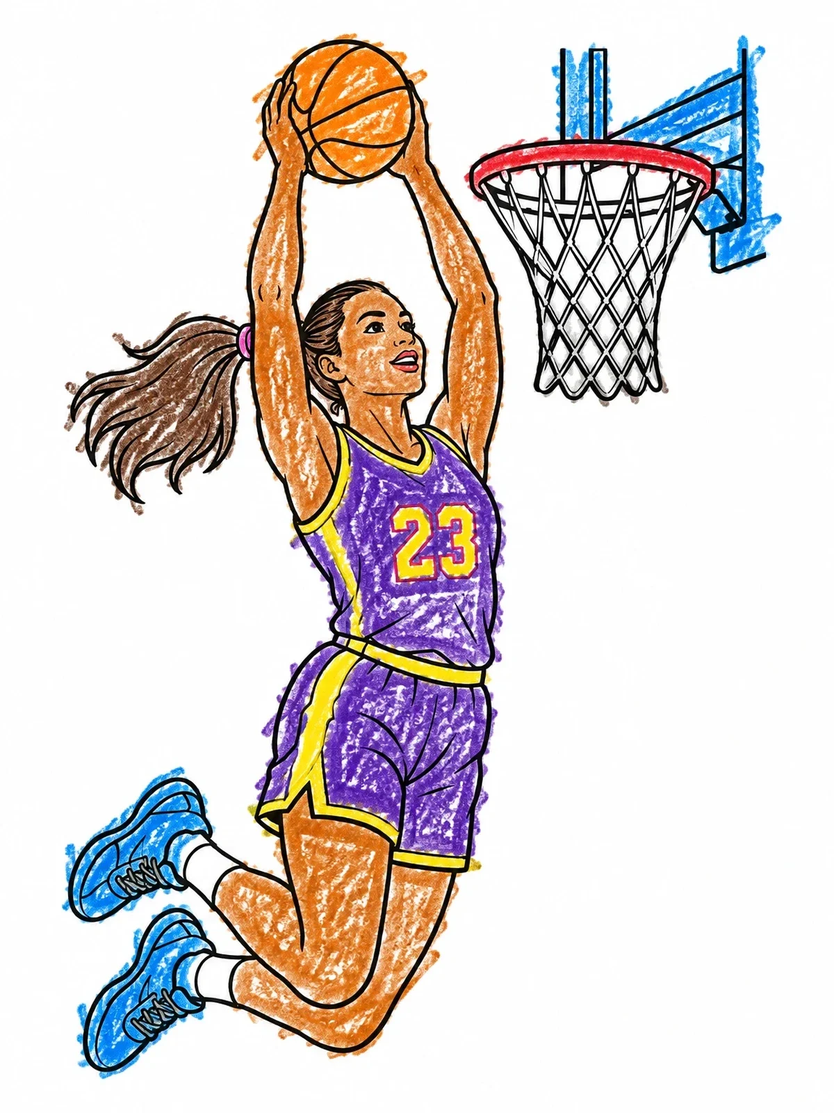 Colored example of the Basketball Player Slam Dunk coloring page