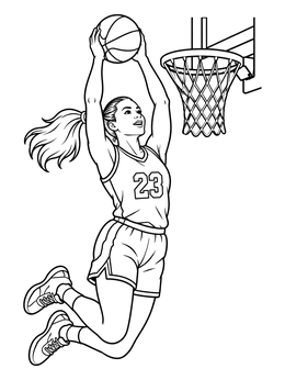 A dynamic los angeles coloring page featuring a female basketball player dunking a ball.