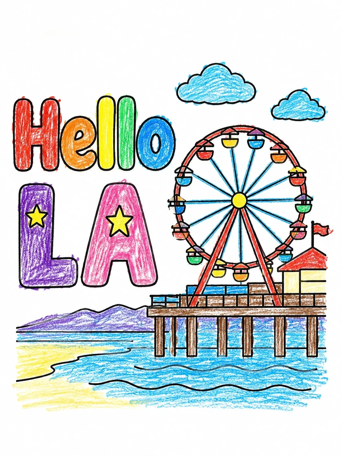 Colored example of the Hello La Ferris Wheel On Pier coloring page