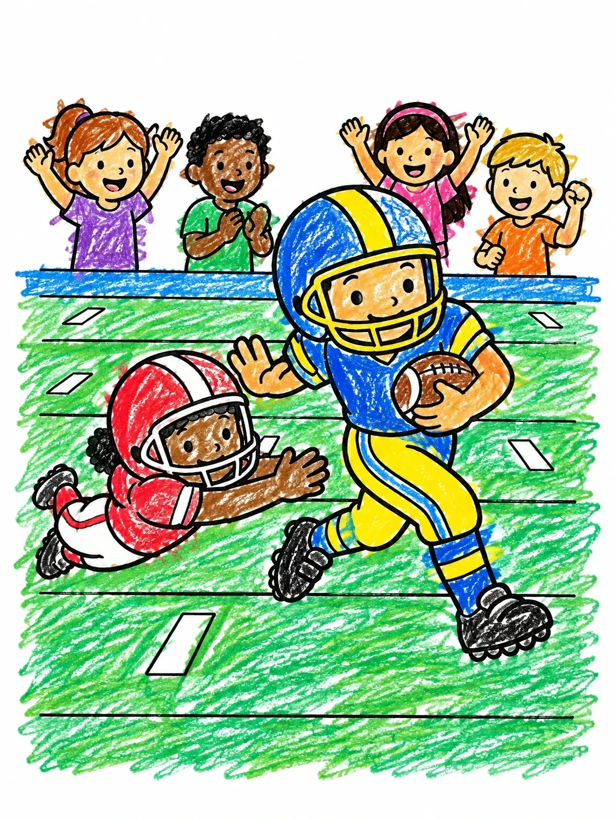 Colored example of the Kids Playing Football In Stadium coloring page