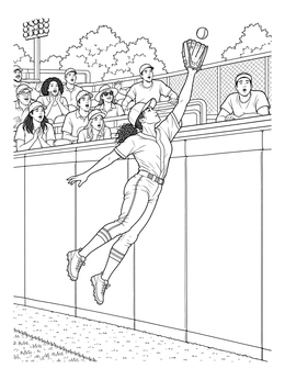 An outfielder leaping by the outfield wall in this los angeles coloring page.