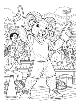 A ram mascot cheers with foam fingers in this energetic los angeles coloring page.