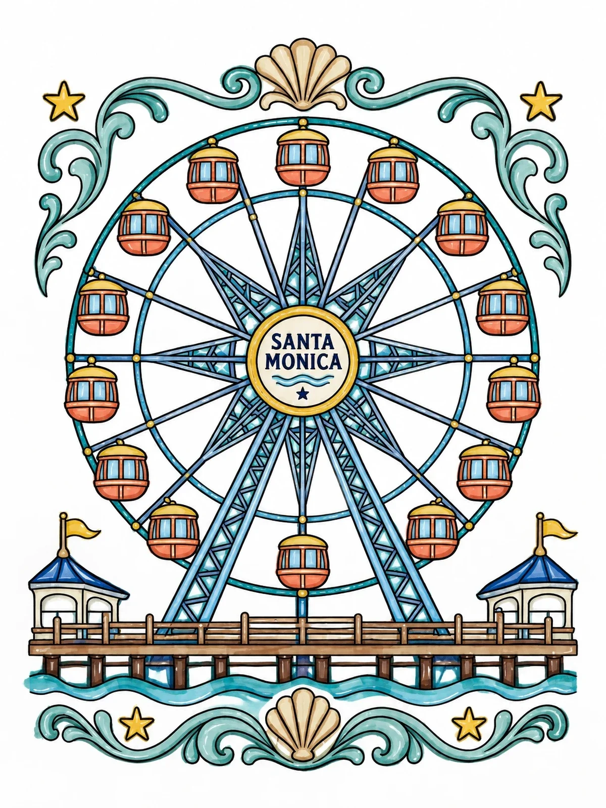 Colored example of the Santa Monica Pier Ferris Wheel coloring page