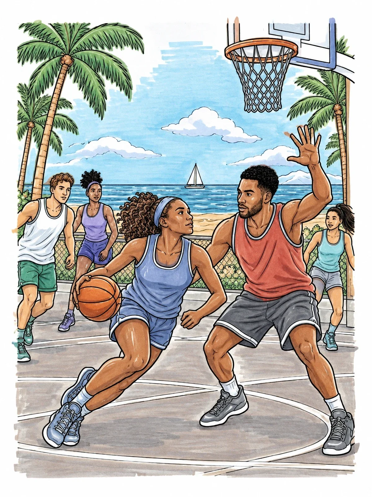 Colored example of the Venice Beach Basketball Game coloring page
