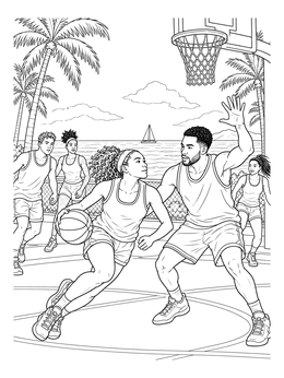 Athletes playing on an outdoor court in this Los Angeles coloring page.