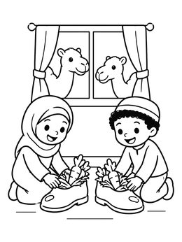 Free printable Children Leaving Treats For Camels coloring page