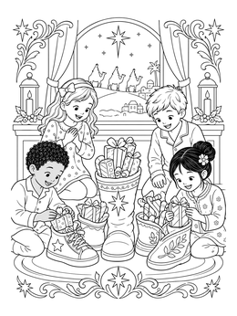 A detailed los tres reyes magos coloring page showing excited children opening gifts placed inside shoes on Epiphany morning.