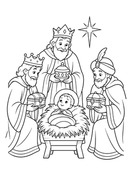 A los tres reyes magos coloring page showing three kings bringing gifts to baby Jesus in a manger.