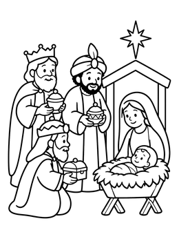 Free printable Three Wise Men Visiting Baby Jesus coloring page