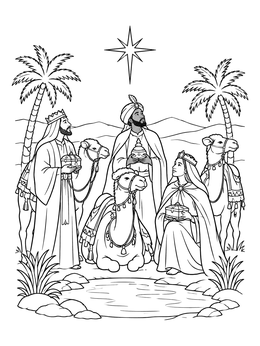 A los tres reyes magos coloring page showing the kings and camels resting by an oasis under the star.