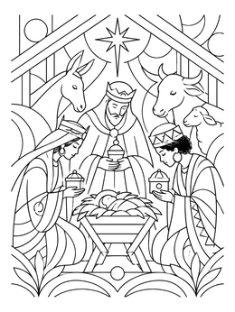 A peaceful los tres reyes magos coloring page showing three kings and animals honoring baby Jesus.