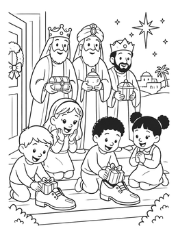 Free printable Three Wise Men Visiting Happy Children coloring page