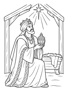 A wise man kneels near the manger in this los tres reyes magos coloring page under the shining star.