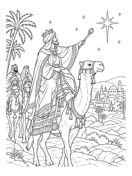 A los tres reyes magos coloring page showing kings on camels following the bright star of Bethlehem.