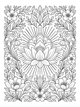 An ornate lotus flower coloring page surrounded by radiating sunburst rays and intricate foliage.