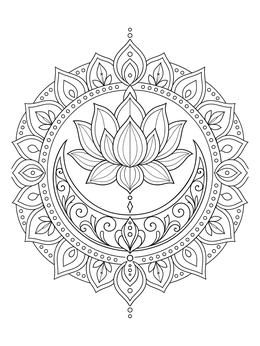 A decorative lotus flower coloring page featuring a crescent moon within a round mandala.