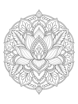 An intricate lotus flower coloring page designed as a decorative circular mandala.