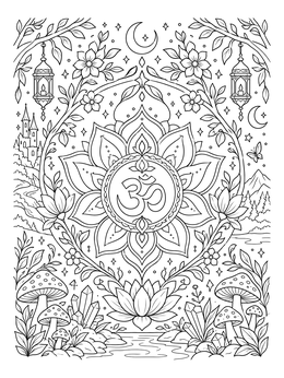 An intricate lotus flower coloring page featuring an Om symbol, hanging lanterns, and nature elements.