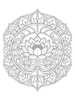 A serene lotus flower coloring page surrounded by water ripples and ornamental mandala patterns.