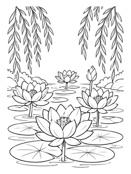 Blooming pond scene in this serene lotus flower coloring page.