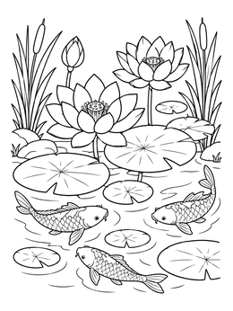 Free printable Lotus Pond With Swimming Koi coloring page