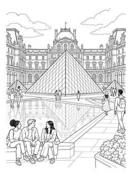 Visitors gather around the glass pyramid in this detailed paris coloring page.