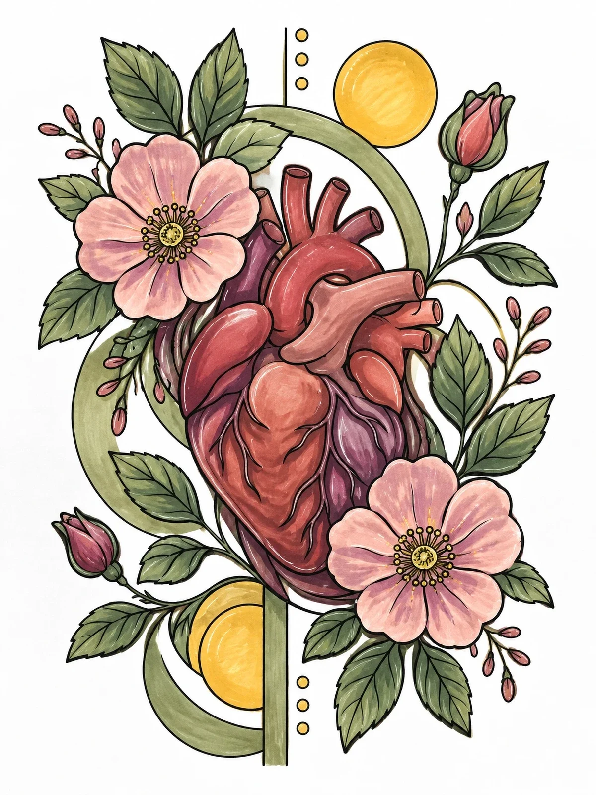 Colored example of the Anatomical Heart With Wild Roses coloring page