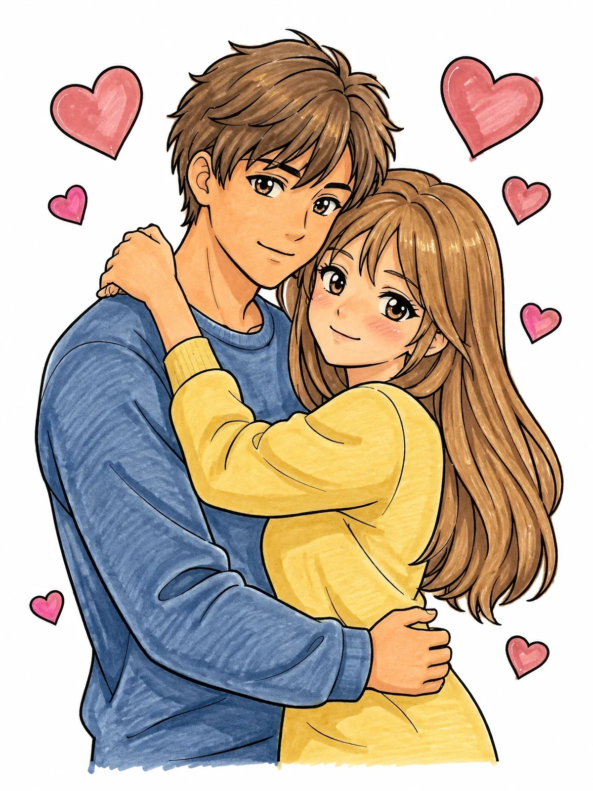 Colored example of the Anime Sweethearts In A Loving Embrace coloring page