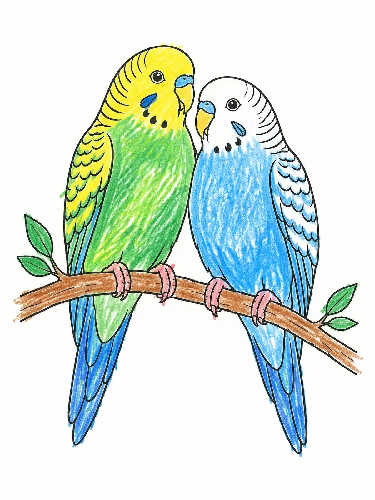 Colored example of the Pair Of Budgies On A Branch coloring page