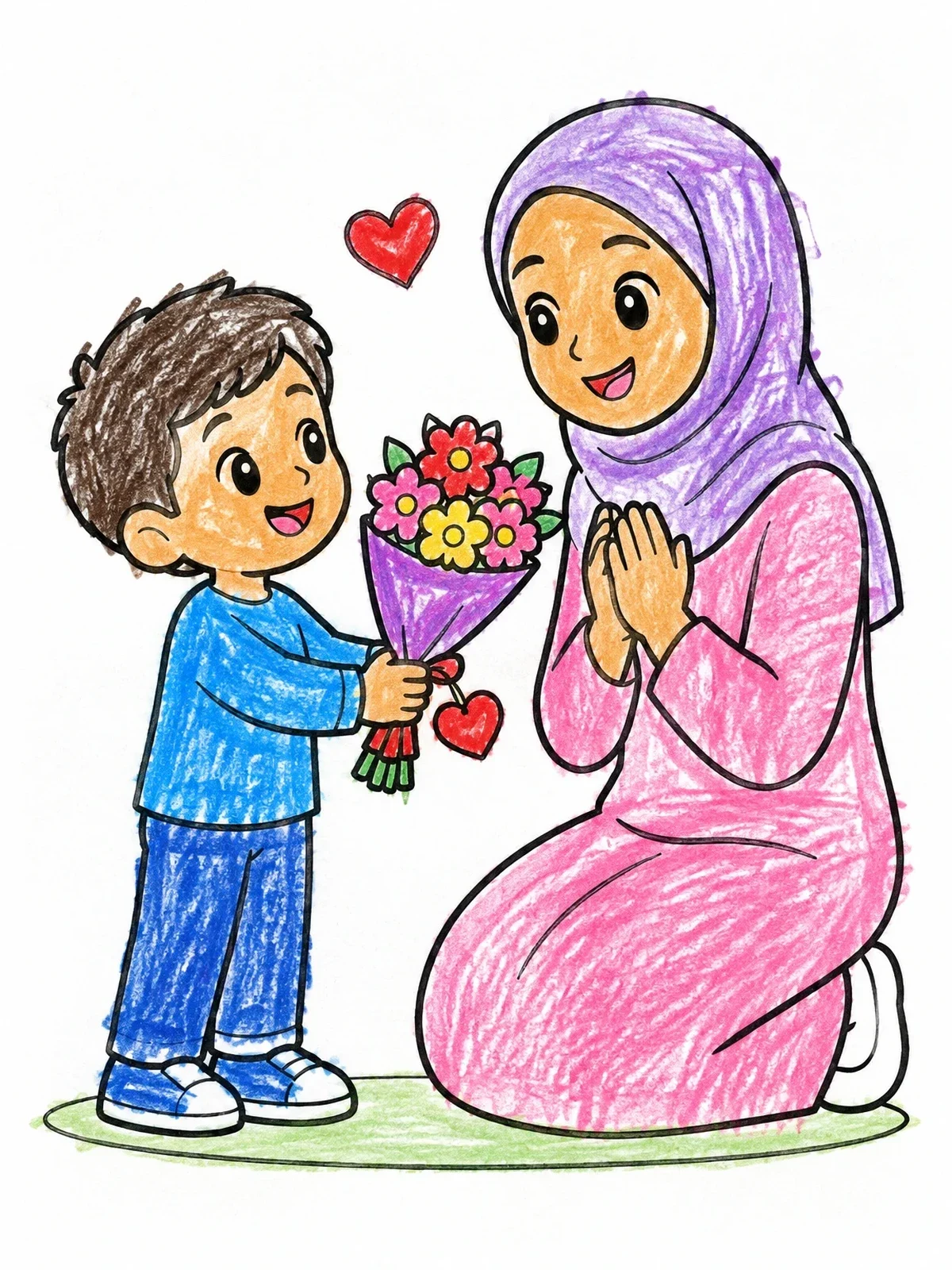 Colored example of the Boy Giving Flowers To His Mother coloring page