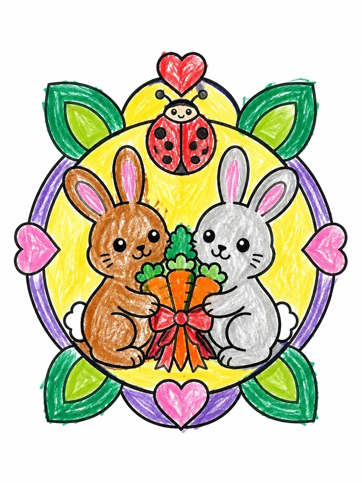 Colored example of the Bunnies With Carrots And Ladybug coloring page