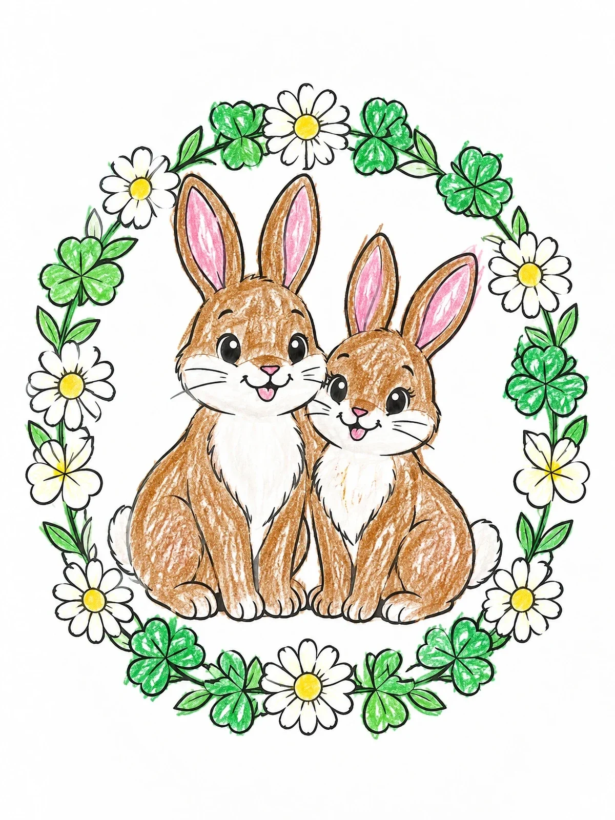 Colored example of the Two Cute Bunnies In Floral Wreath coloring page
