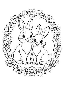 Two sweet bunnies cuddle inside a floral circle in this love bug coloring page.