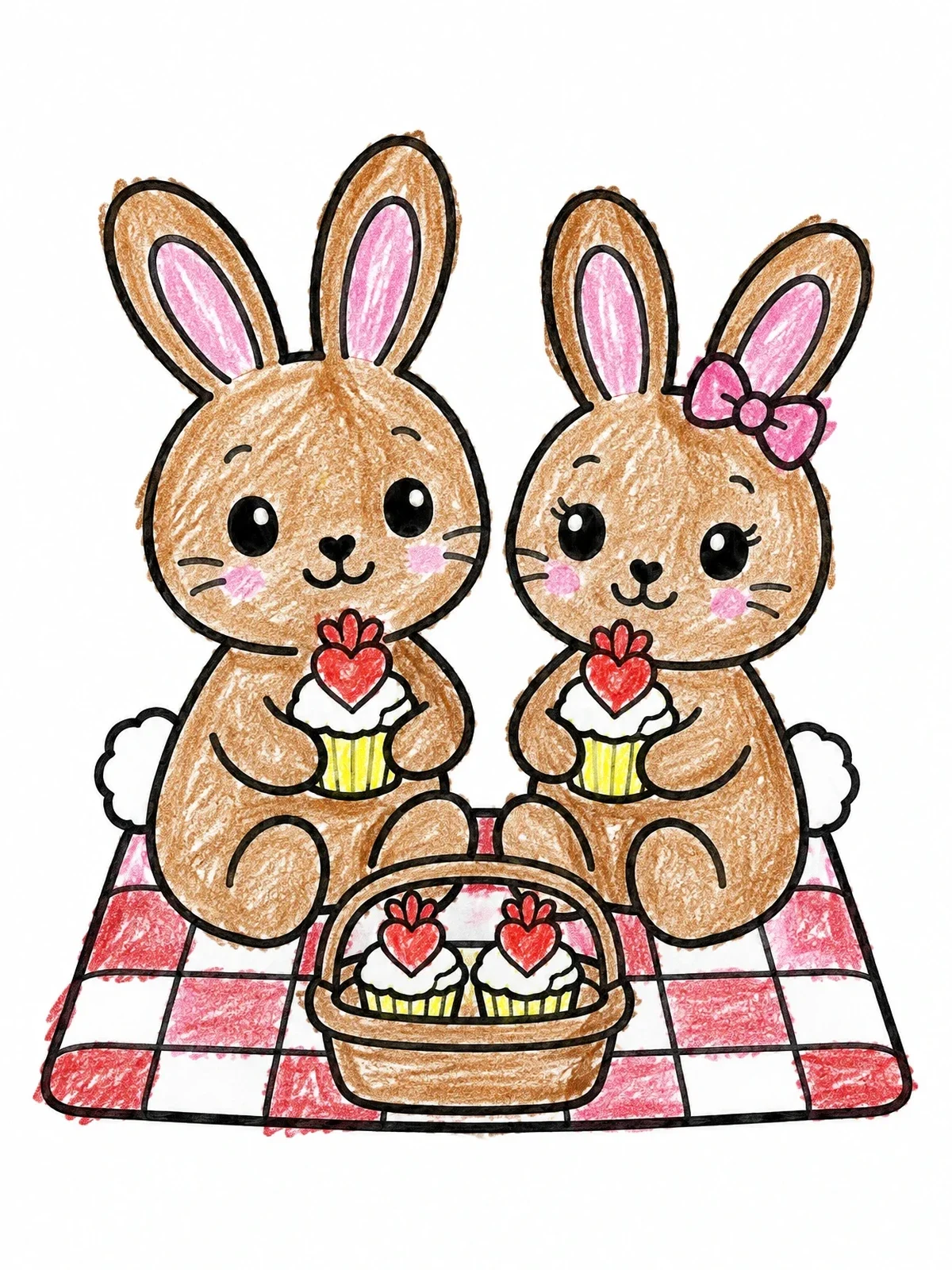 Colored example of the Cute Bunnies Sweet Picnic coloring page