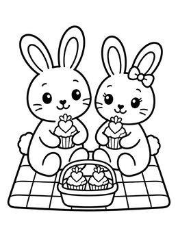 Two cute bunnies sharing sweet heart treats on this love bug coloring page.