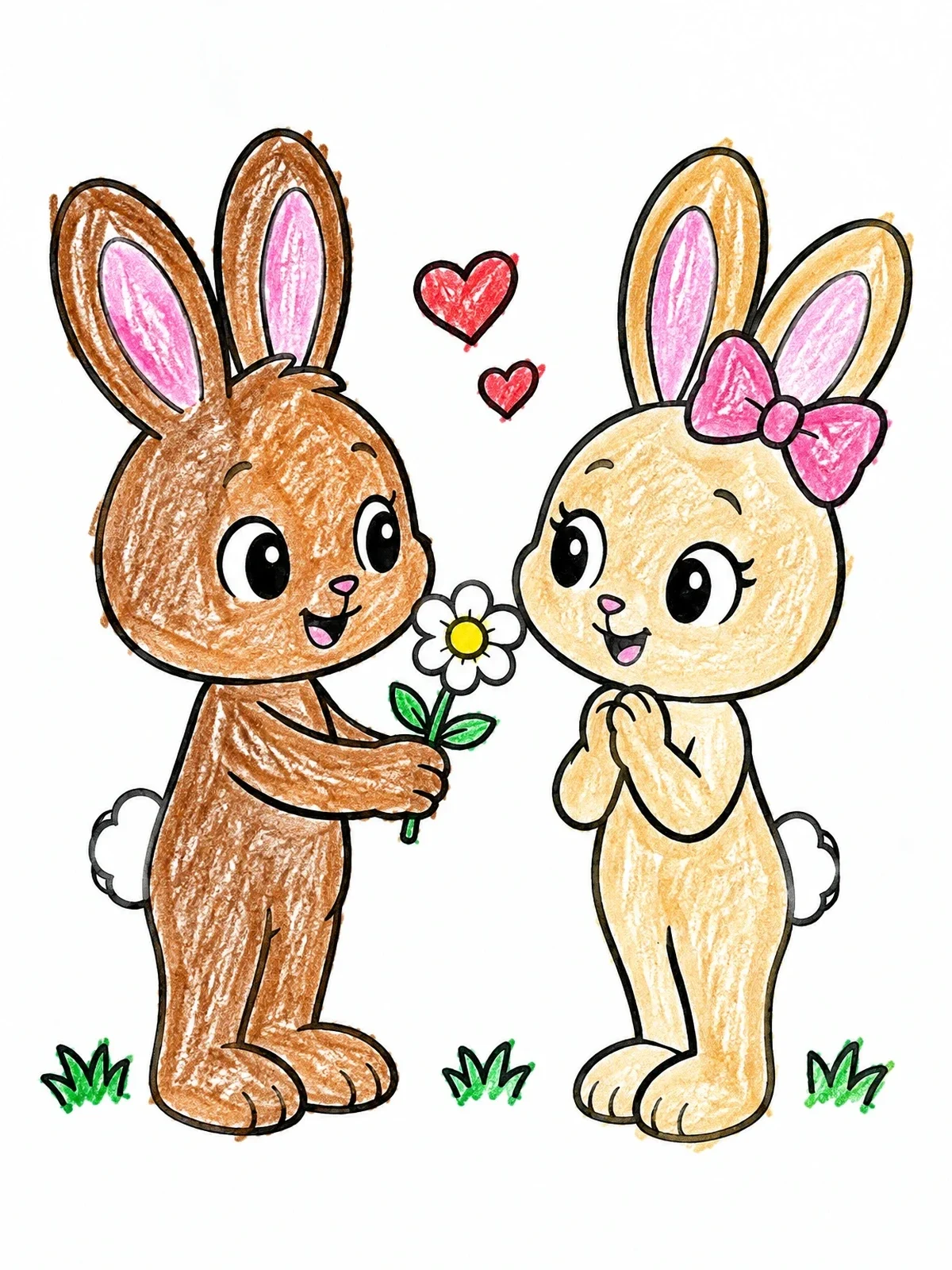 Colored example of the Cute Bunny Couple With Flower coloring page