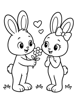 Free printable Cute Bunny Couple With Flower coloring page