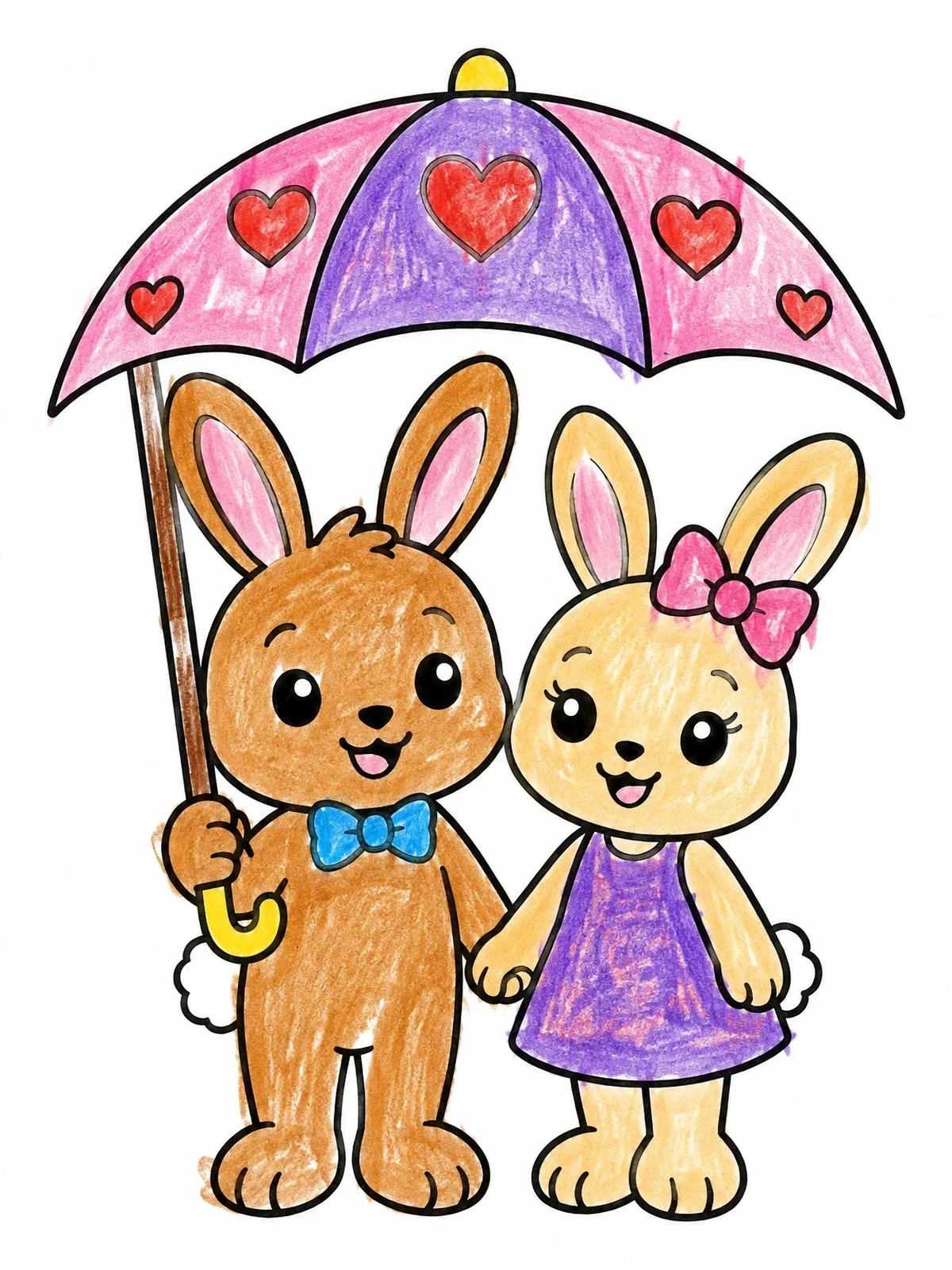 Colored example of the Cute Bunny Couple Under Umbrella coloring page