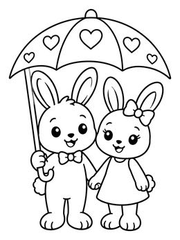 Two smiling bunnies share an umbrella on this love bug coloring page.