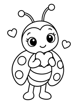 A sweet love bug coloring page with a smiling ladybug holding a tiny heart.
