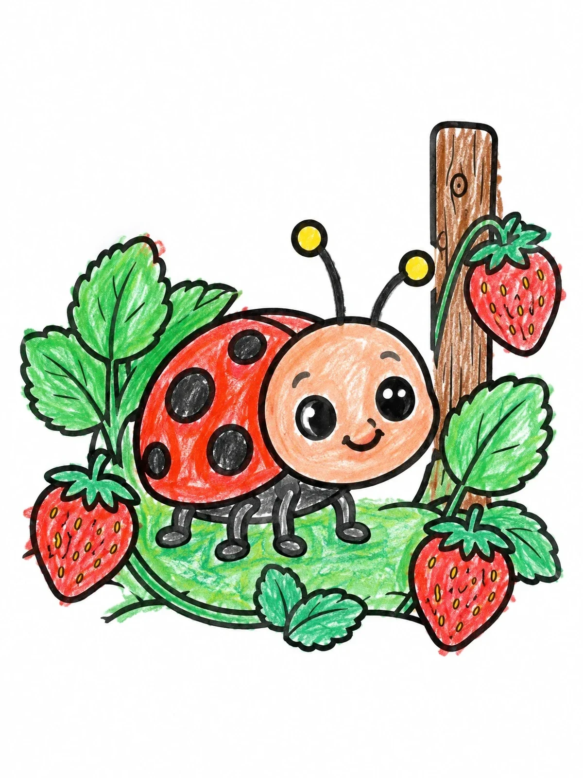Colored example of the Cute Ladybug In Strawberry Patch coloring page