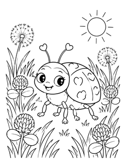 A smiling love bug coloring page featuring clover flowers, dandelions, and bright sunshine.