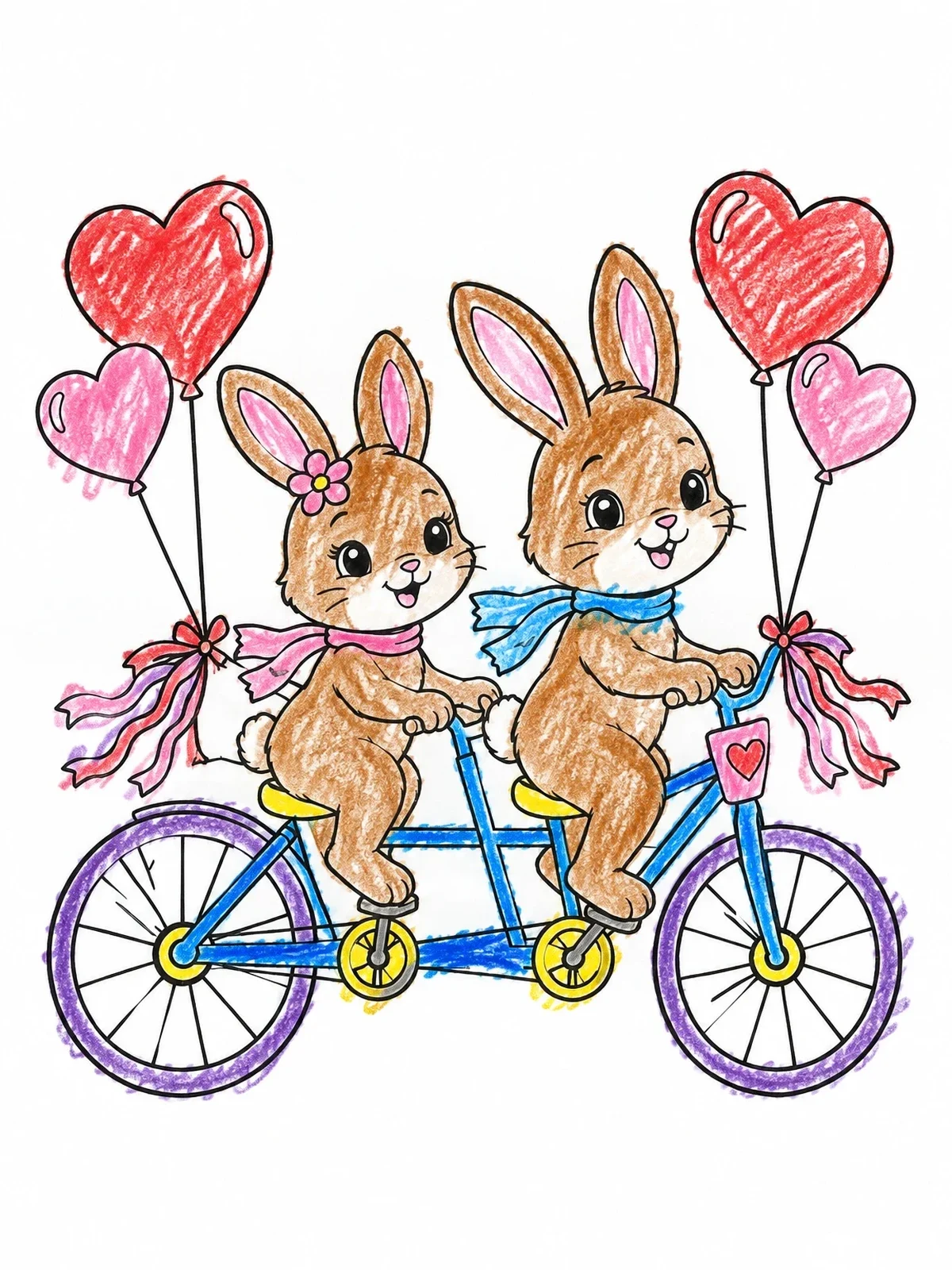 Colored example of the Sweet Bunnies On A Tandem Bicycle coloring page