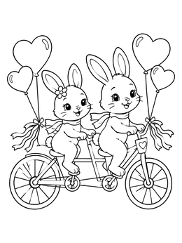 Two happy bunnies ride a tandem bicycle decorated with balloons in this love bug coloring page.