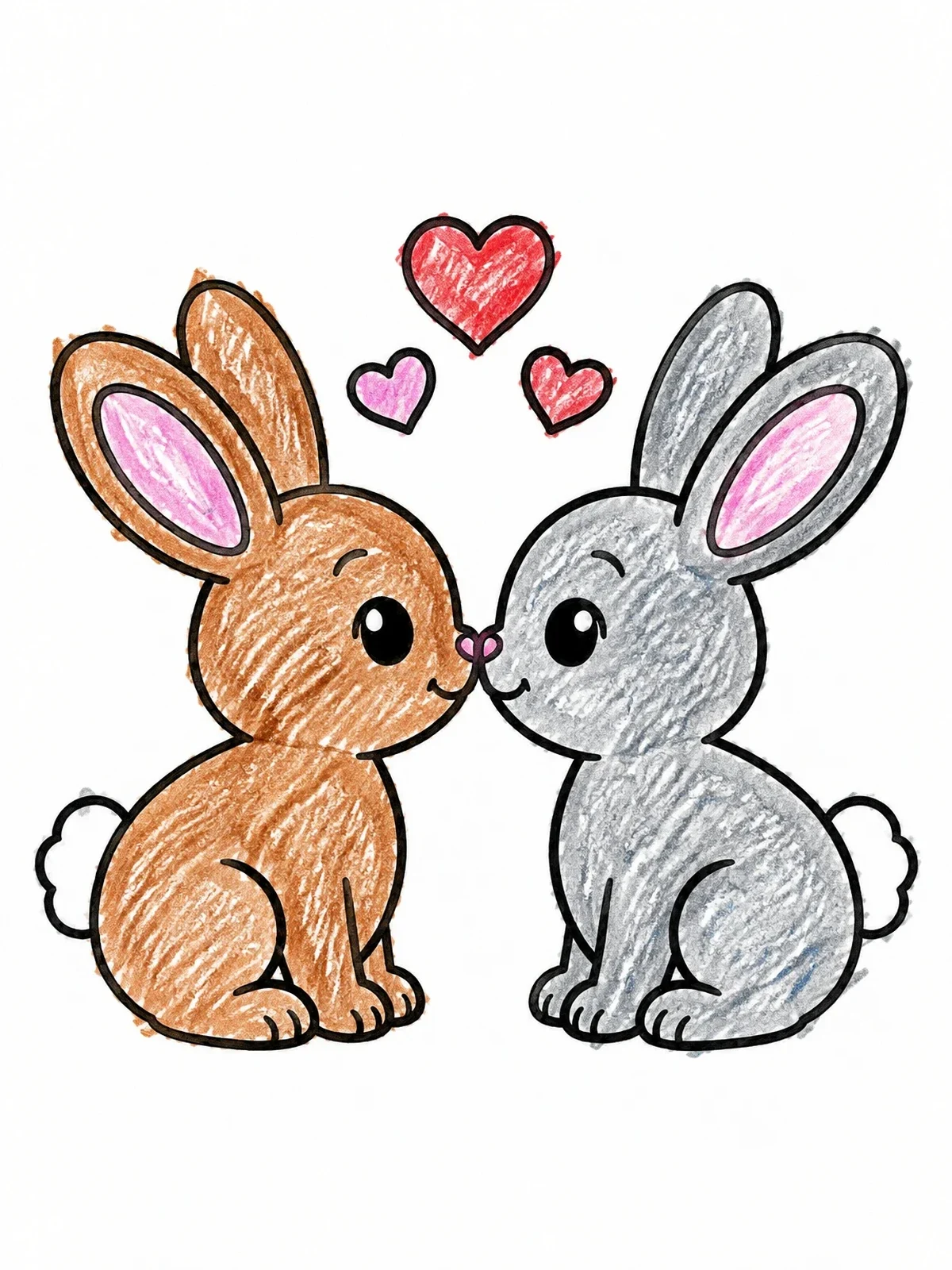 Colored example of the Sweet Bunnies Touching Noses With Hearts coloring page