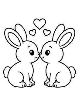 Free printable Sweet Bunnies Touching Noses With Hearts coloring page