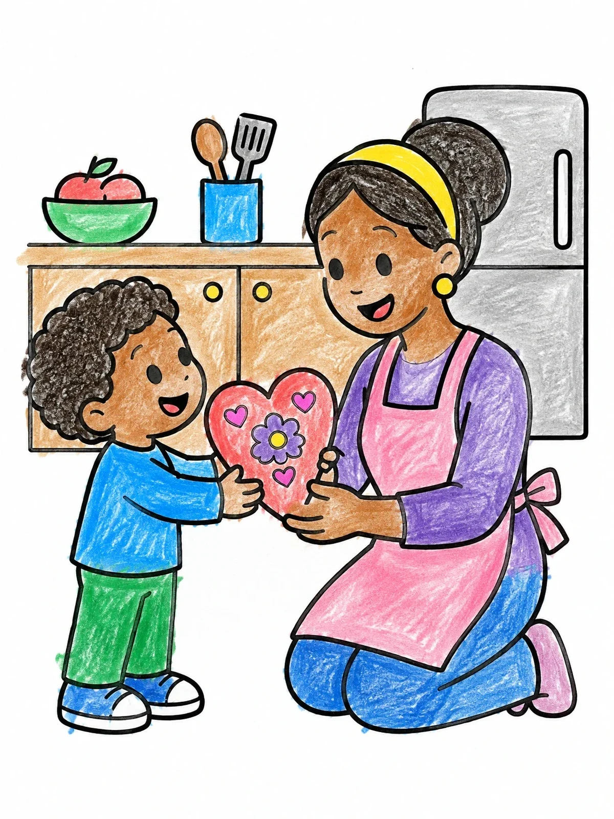 Colored example of the Child Giving Mom A Valentine Heart coloring page