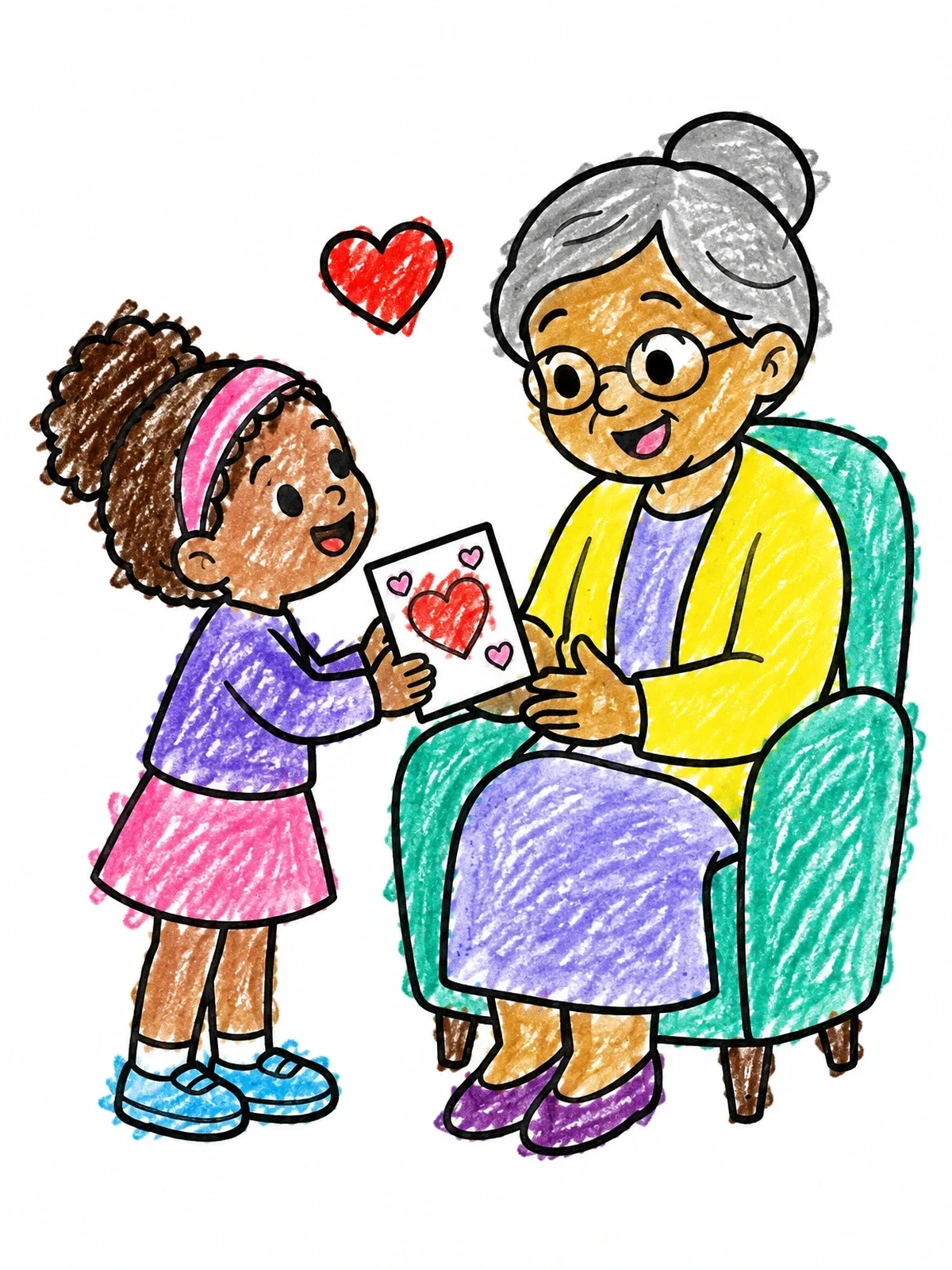 Colored example of the Child Giving Valentine Card To Grandmother coloring page