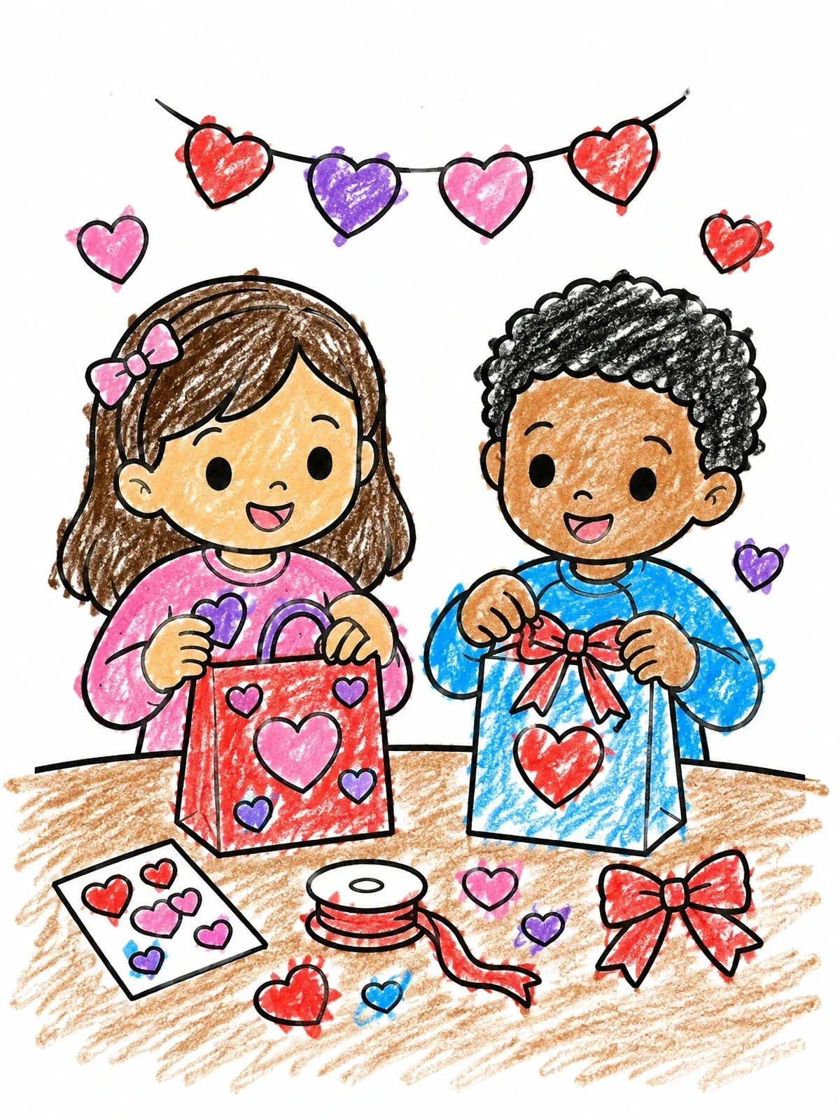 Colored example of the Children Decorating Valentine Gift Bags coloring page
