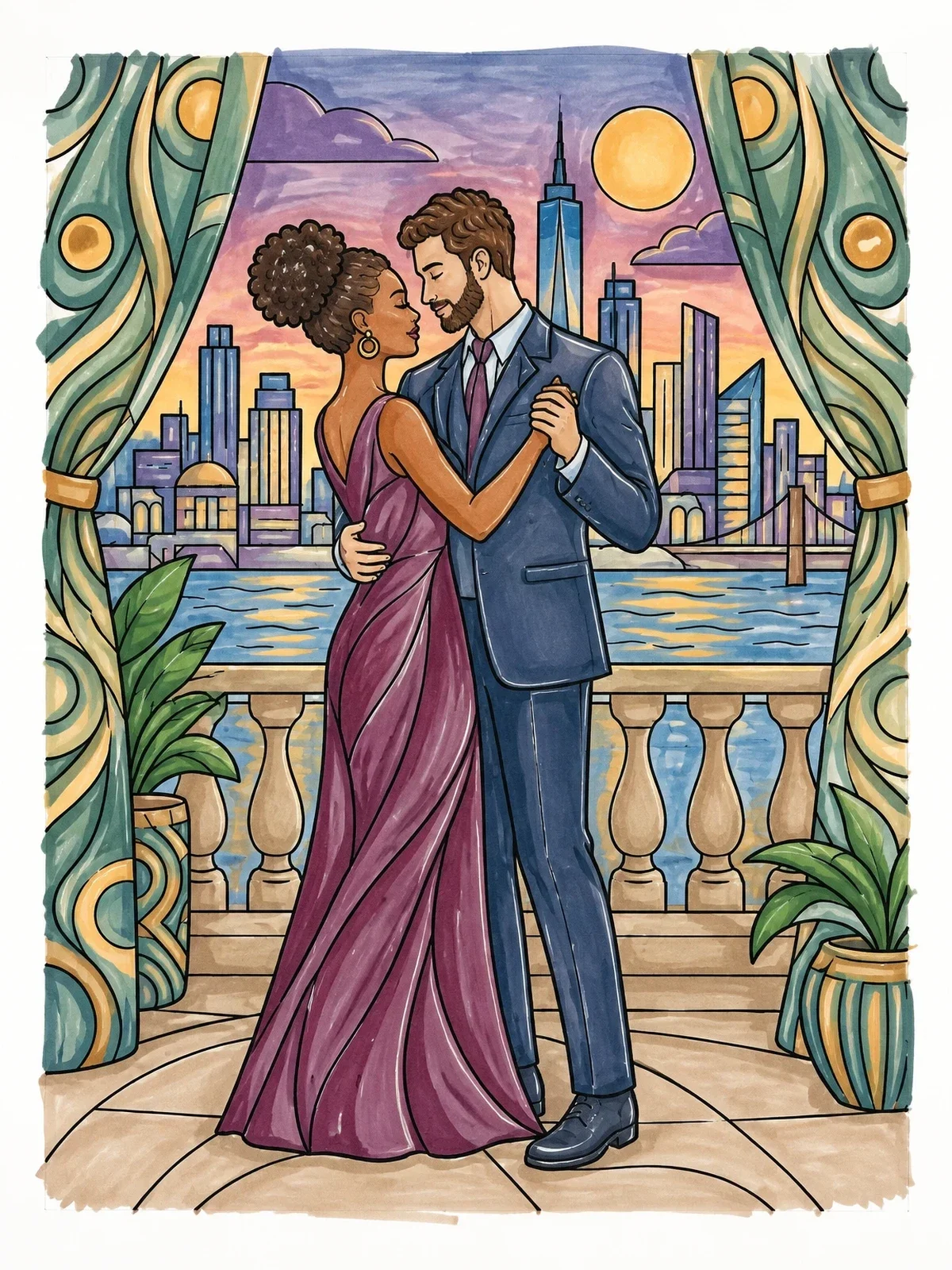 Colored example of the Romantic Balcony Dance Overlooking City coloring page